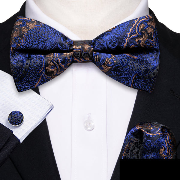 Blue Golden Paisley Pre-tied Silk Bow Tie Pocket Square Cufflinks Set