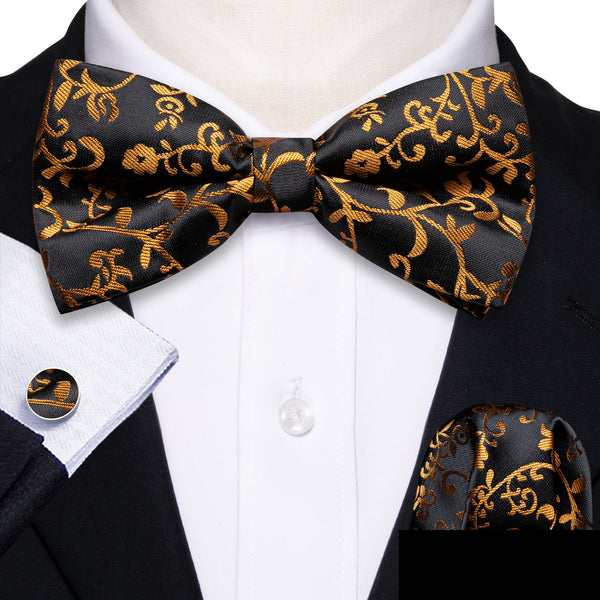 Black Golden Floral Pre-tied Silk Bow Tie Pocket Square Cufflinks Set