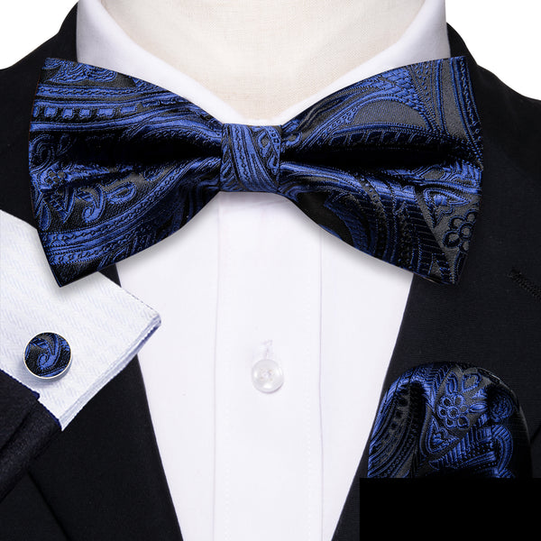 Black Blue Paisley Pre-tied Silk Bow Tie Pocket Square Cufflinks Set