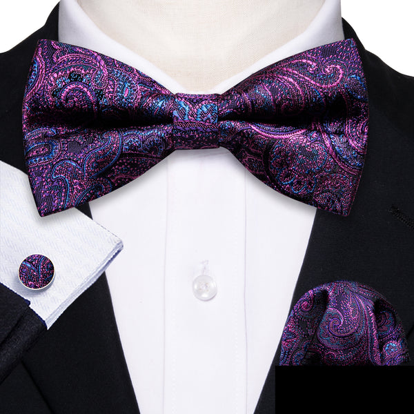 Ties2you Purple Tie Paisley Silk Pre-Tied Bow Tie Hanky Cufflinks Set