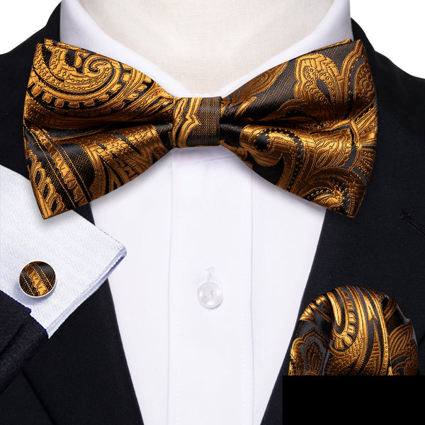 Luxury Golden Brown Paisley Pre-tied Silk Bow Tie Pocket Square Cufflinks Set