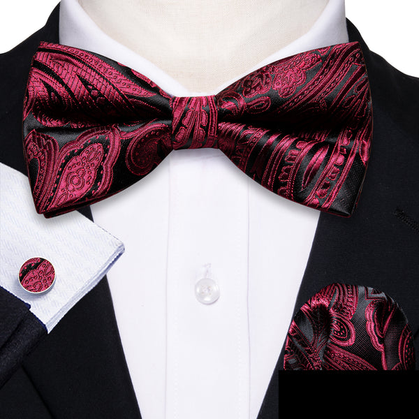 Black Red Paisley Pre-tied Silk Bow Tie Pocket Square Cufflinks Set