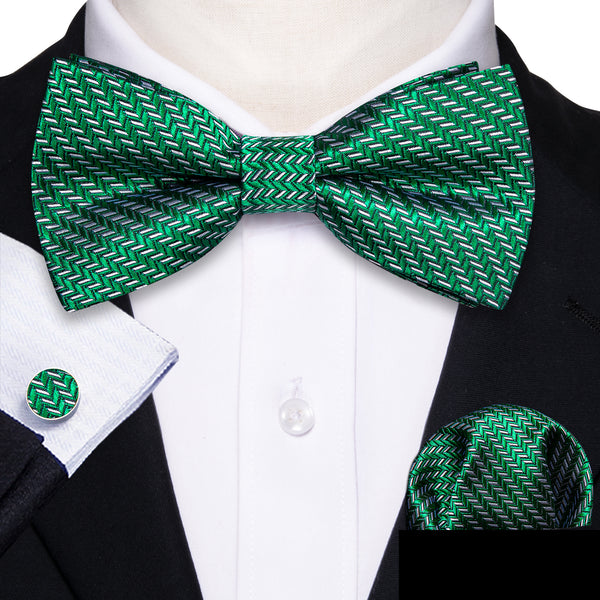 Green Striped Men's Pre-tied Bowtie Pocket Square Cufflinks Set