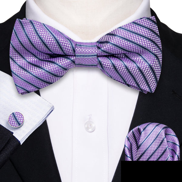 Ties2you Men's Striped Purple Tuxedo Bow Tie Pre-tied Bowtie Pocket Square Cufflinks Set