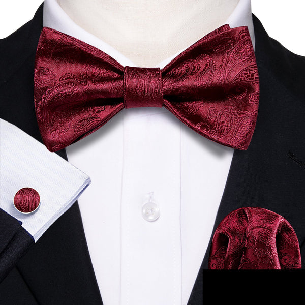 Dark Red Paisley Silk Self-tied Bow Tie Hanky Cufflinks Set
