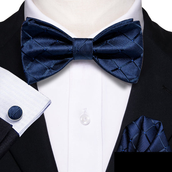 Blue Plaid Self-tied Bow Tie Hanky Cufflinks Set Bowtie Pin Set