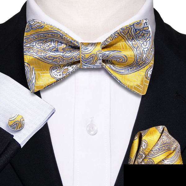 Yellow Gold Paisley Silk Self-tied Bow Tie Hanky Cufflinks Set