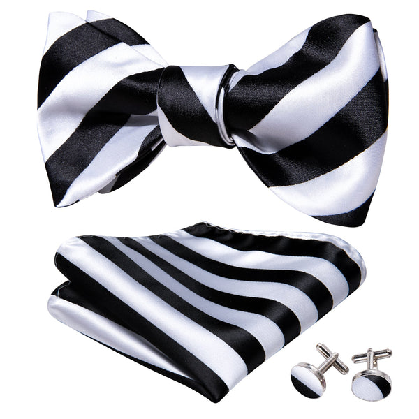 Black White Stripe Self-tied Bow Tie Hanky Cufflinks Set
