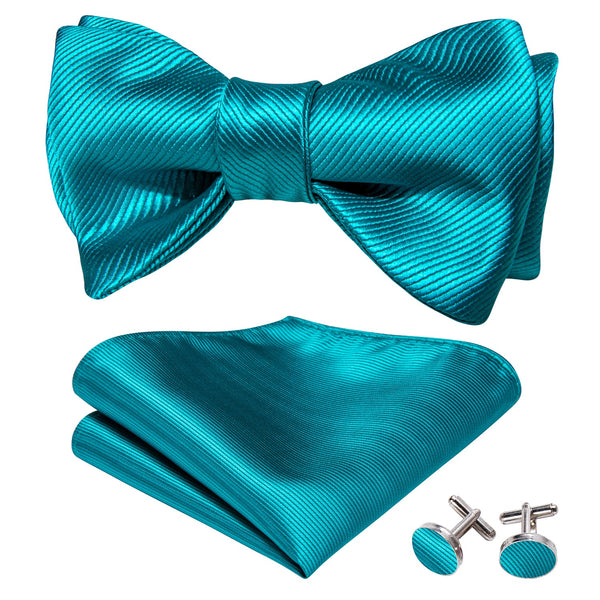 Blue Solid Self-tied Bow Tie Hanky Cufflinks Set