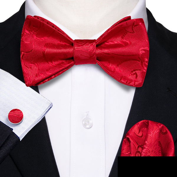 Red Floral Self-tied Bow Tie Hanky Cufflinks Set