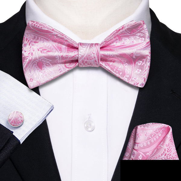 Pink Floral Self-tied Bow Tie Hanky Cufflinks Set