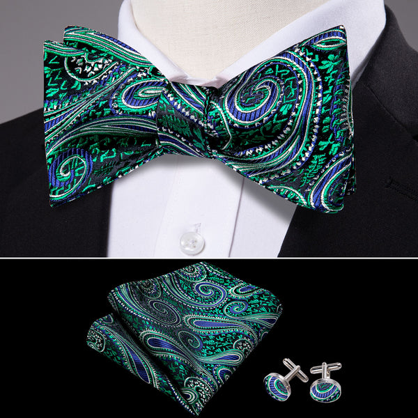 Green Blue Paisley Self-tied Silk Bow Tie Pocket Square Cufflinks Set