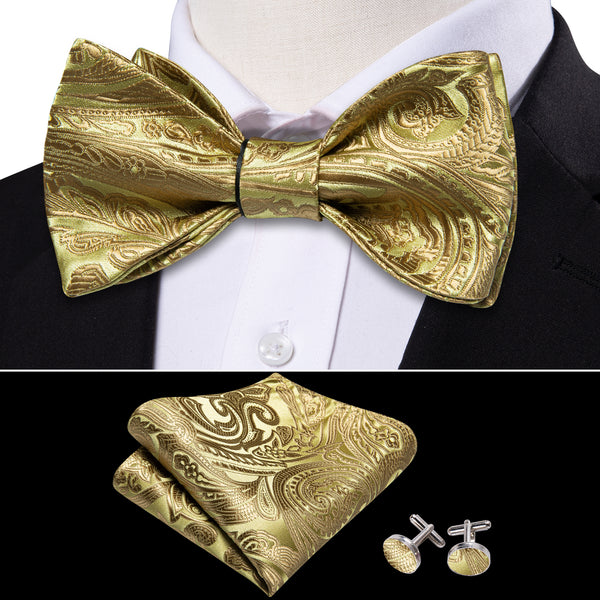 Golden Yellow Paisley Self-tied Silk Bow Tie Pocket Square Cufflinks Set