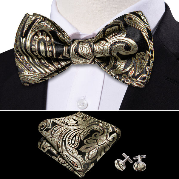Black Champagne Paisley Self-tied Silk Bow Tie Pocket Square Cufflinks Set