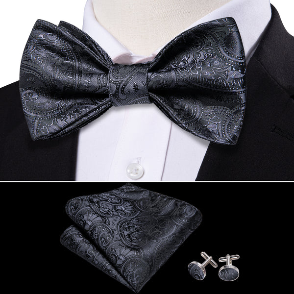 Classic Black Paisley Self-tied Silk Bow Tie Pocket Square Cufflinks Set