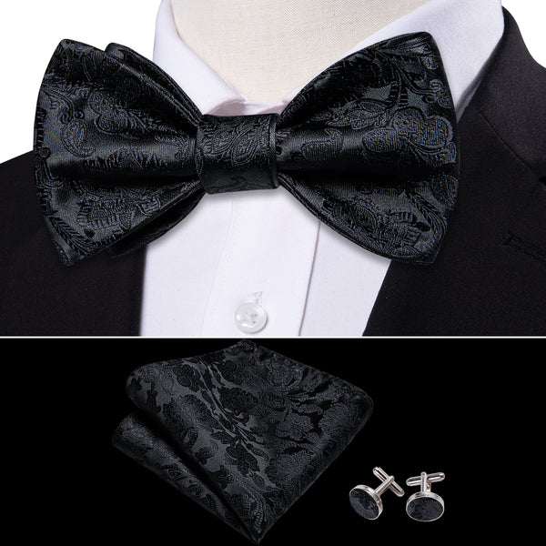 Black Paisley Self-tied Silk Bow Tie Pocket Square Cufflinks Set
