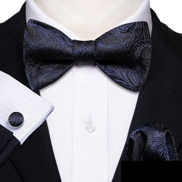 Black Woven Paisley Self-tied Silk Bow Tie Pocket Square Cufflinks Set