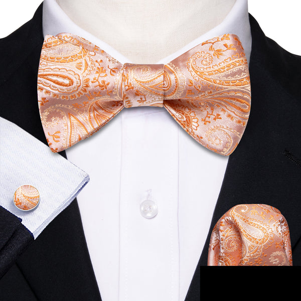 Light Orange Paisley Self-tied Silk Bow Tie Pocket Square Cufflinks Set