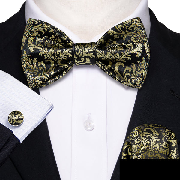 Black Yellow Floral Self-tied Silk Bow Tie Pocket Square Cufflinks Set