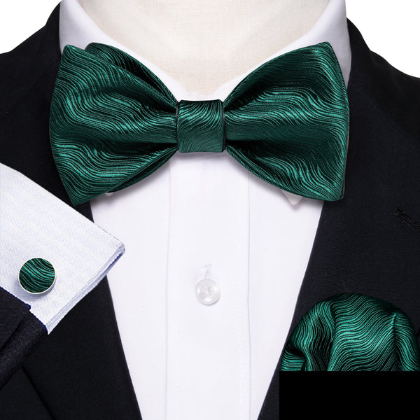 Dark Green Striped Self-tied Silk Bow Tie Pocket Square Cufflinks Set