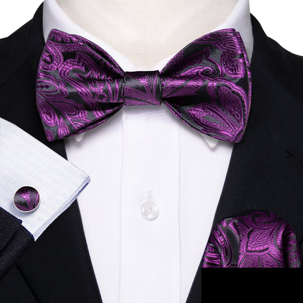 Black Purple Paisley Self-tied Silk Bow Tie Pocket Square Cufflinks Set