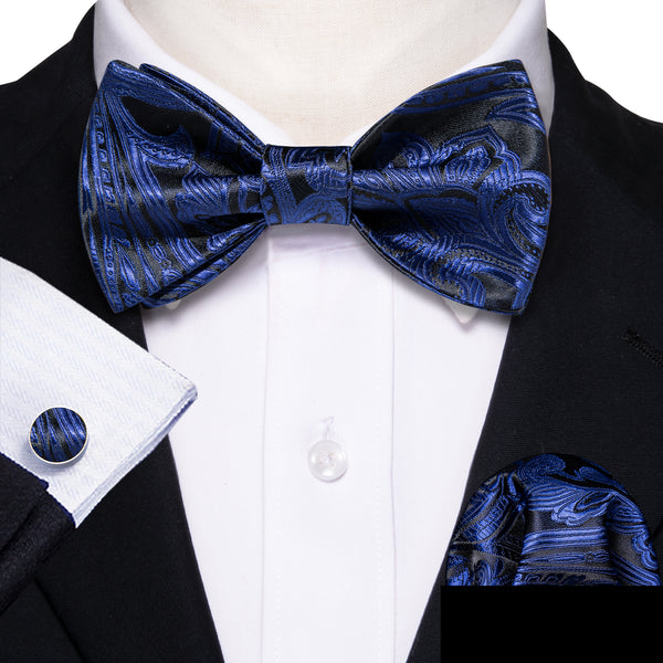 Black Blue Paisley Self-tied Silk Bow Tie Pocket Square Cufflinks Set
