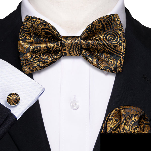 Black Golden Paisley Self-tied Silk Bow Tie Pocket Square Cufflinks Set