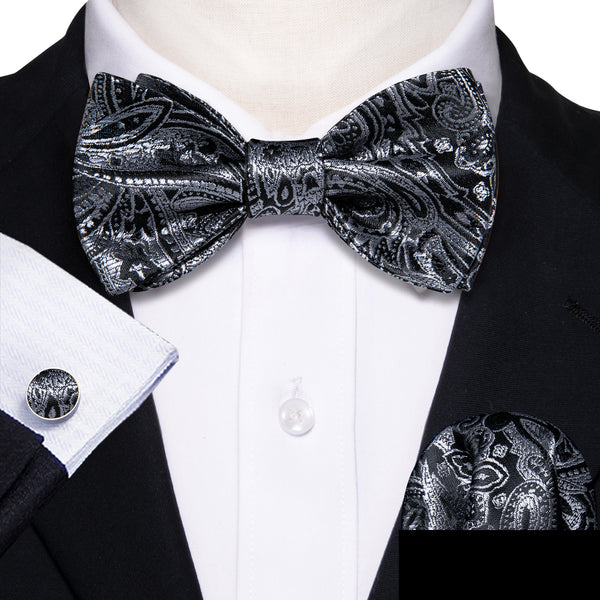 Black Silver Paisley Self-tied Silk Bow Tie Pocket Square Cufflinks Set