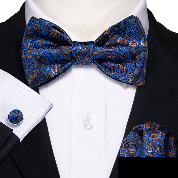 Shining Blue Paisley Self-tied Silk Bow Tie Pocket Square Cufflinks Set