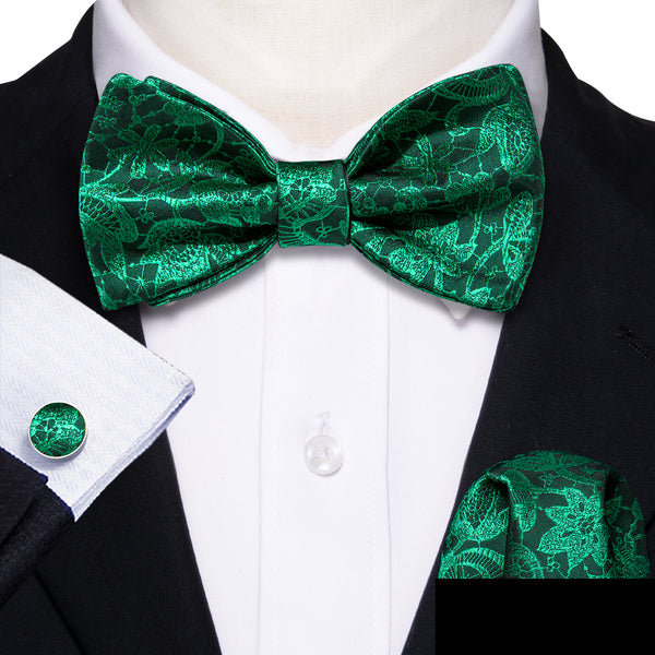 New Green Floral Self-tied Silk Bow Tie Pocket Square Cufflinks Set
