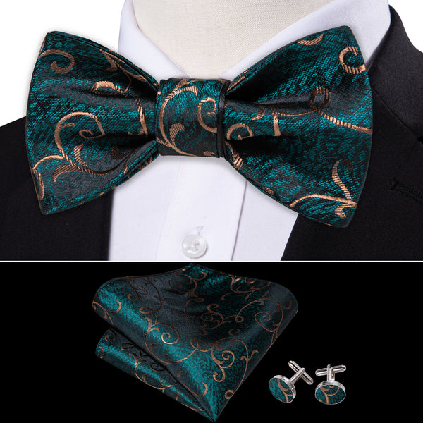 Dark Green Floral Self-tied Bow Tie Pocket Square Cufflinks Set