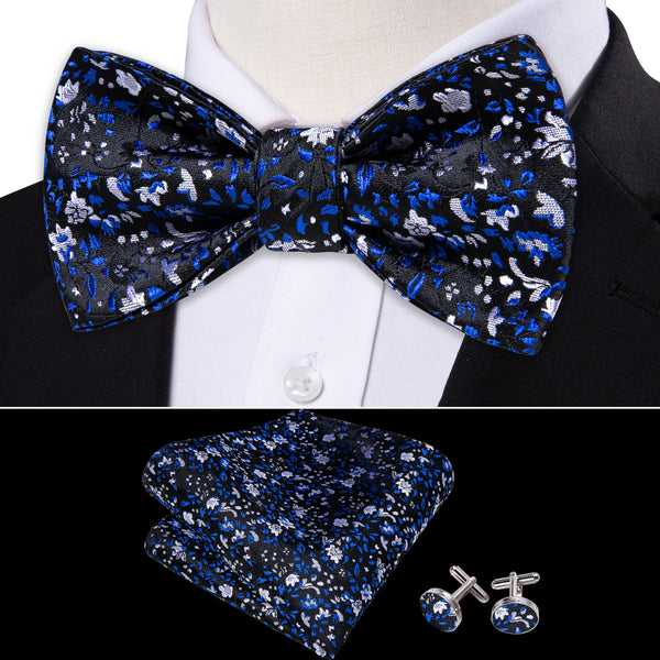 Black Blue Floral Self-tied Bow Tie Pocket Square Cufflinks Set