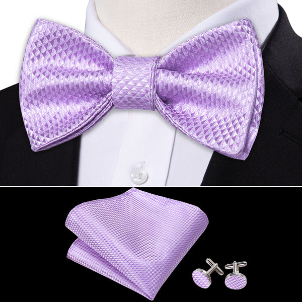 Light Purple Plaid Self-tied Bow Tie Pocket Square Cufflinks Set