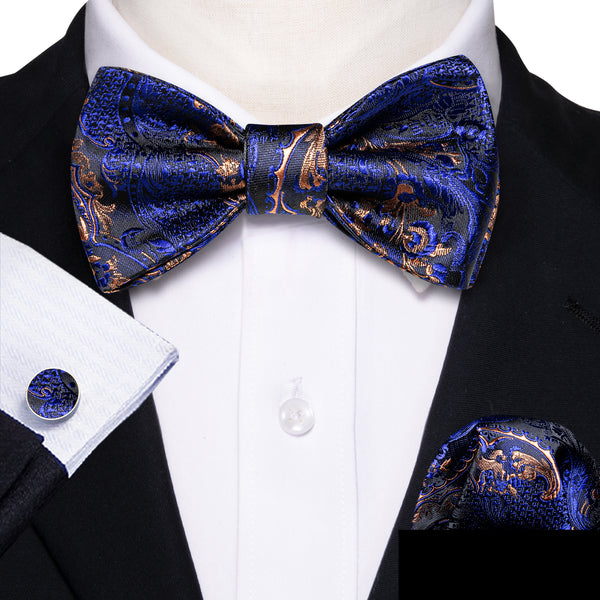 Royal Blue Paisley Self-tied Bow Tie Pocket Square Cufflinks Set