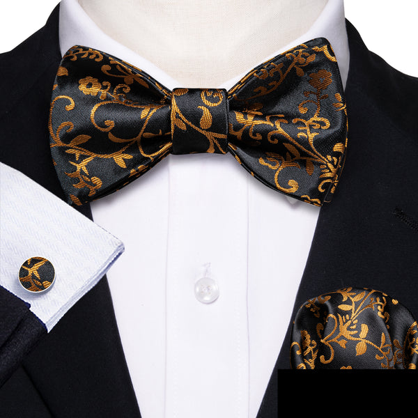 Black Golden Floral Self-tied Bow Tie Pocket Square Cufflinks Set