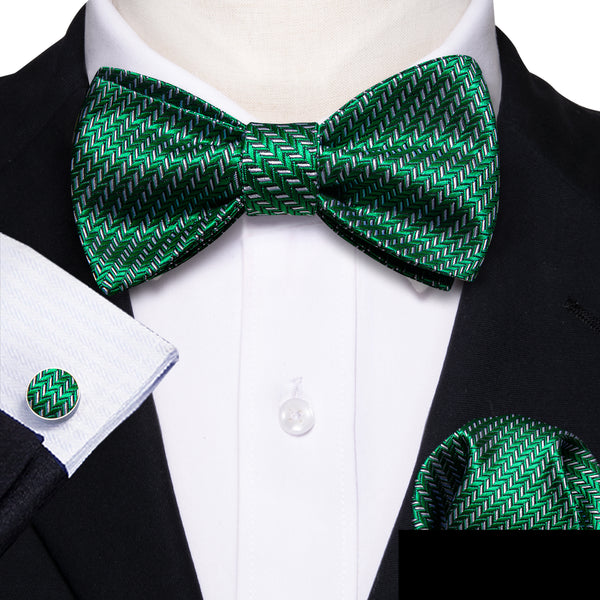 Green Wave Striped Self-tied Bow Tie Pocket Square Cufflinks Set