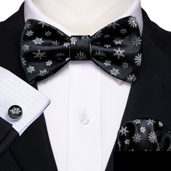 Christmas Black Snowflake Novelty Self-tied Bow Tie Pocket Square Cufflinks Set