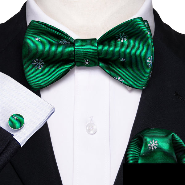 Christmas Green Snowflake Novelty Self-tied Bow Tie Pocket Square Cufflinks Set