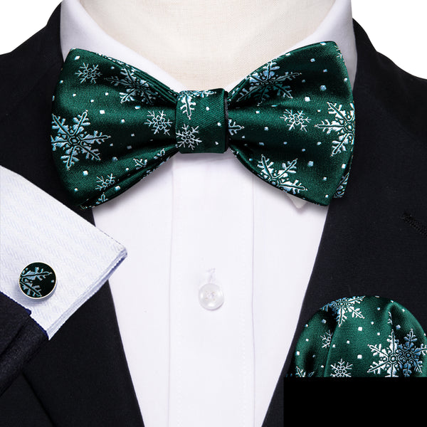 Christmas Dark Green Snowflake Novelty Self-tied Bow Tie Pocket Square Cufflinks Set