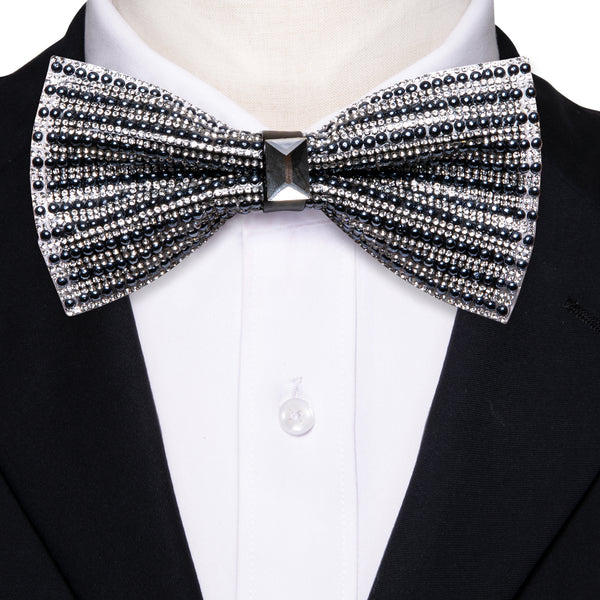 White Rhinestone with Black Beads Bowtie Men's Pre-tied Bowtie for Party
