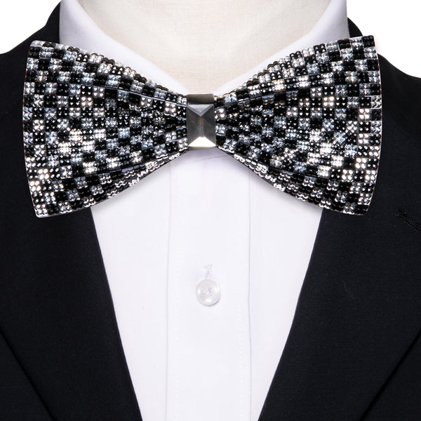 Black White Imitated Crystal Checkerboard Bowtie Men's Pre-tied Bowtie for Party
