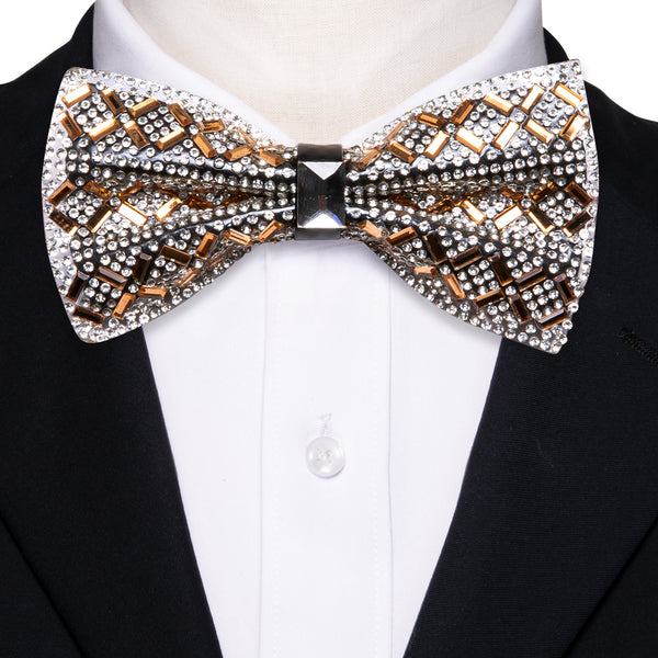 White Rhinestone with Golden Imitated Crystal Bowtie Men's Pre-tied Bowtie for Party