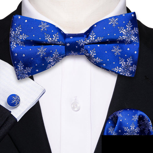 Christmas Royal Blue Snow Floral Men's Pre-tied Bowtie Pocket Square Cufflinks Set