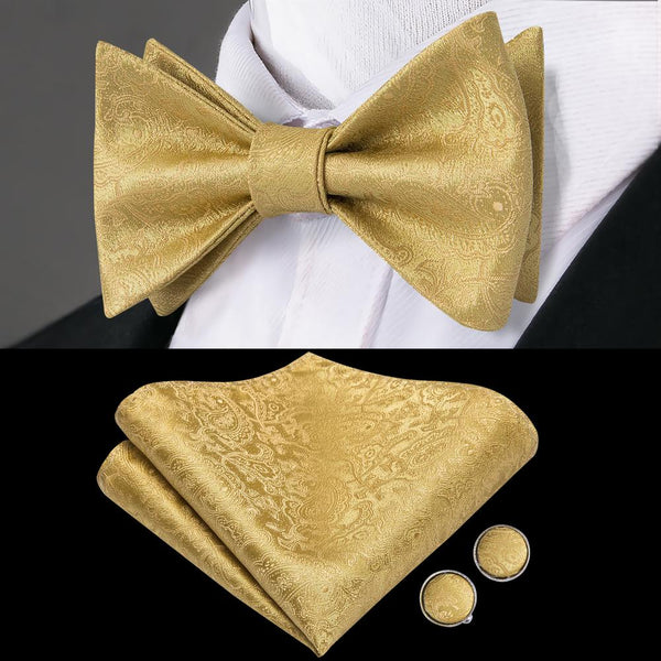 King Gold Solid Self-tied Bow Tie Pocket Square Cufflinks Pin Set