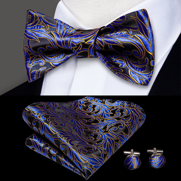 Black Royal Blue Floral Self-tied Silk Bow Tie Pocket Square Cufflinks Set
