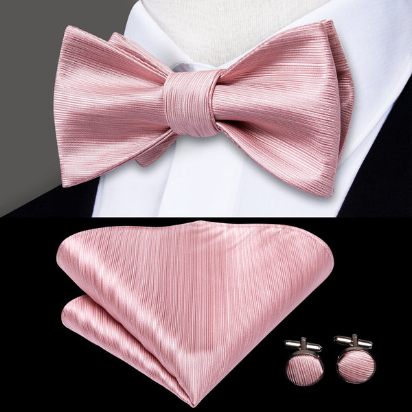 Pink Solid Self-tied Silk Bow Tie Pocket Square Cufflinks Set
