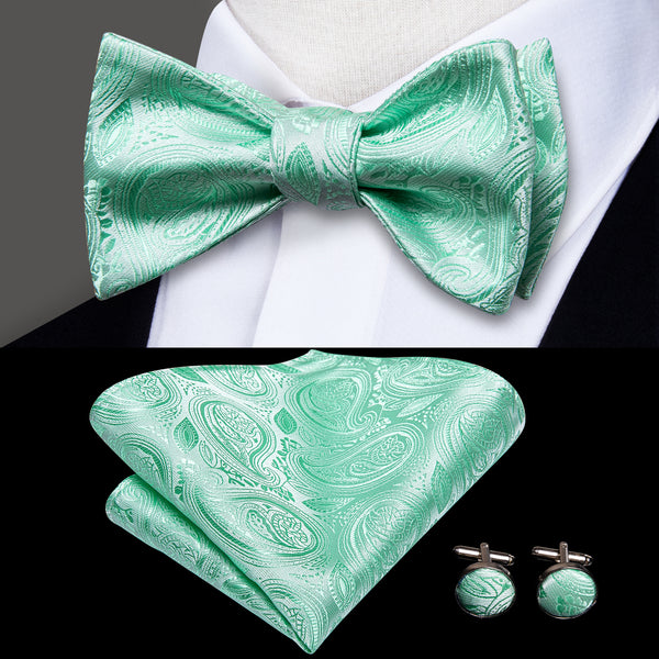 Light Green Paisley Self-tied Silk Bow Tie Pocket Square Cufflinks Set
