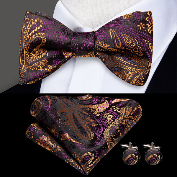 Purple Brown Paisley Self-tied Bow Tie Pocket Square Cufflinks Set