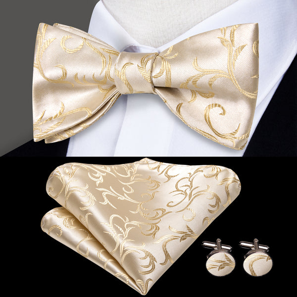 Champagne Floral Self-tied Bow Tie Pocket Square Cufflinks Set