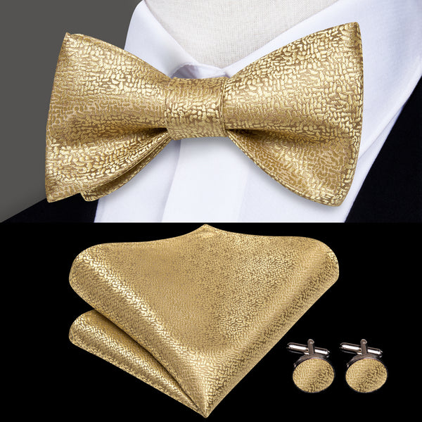 Golden Solid Self-tied Bow Tie Pocket Square Cufflinks Set